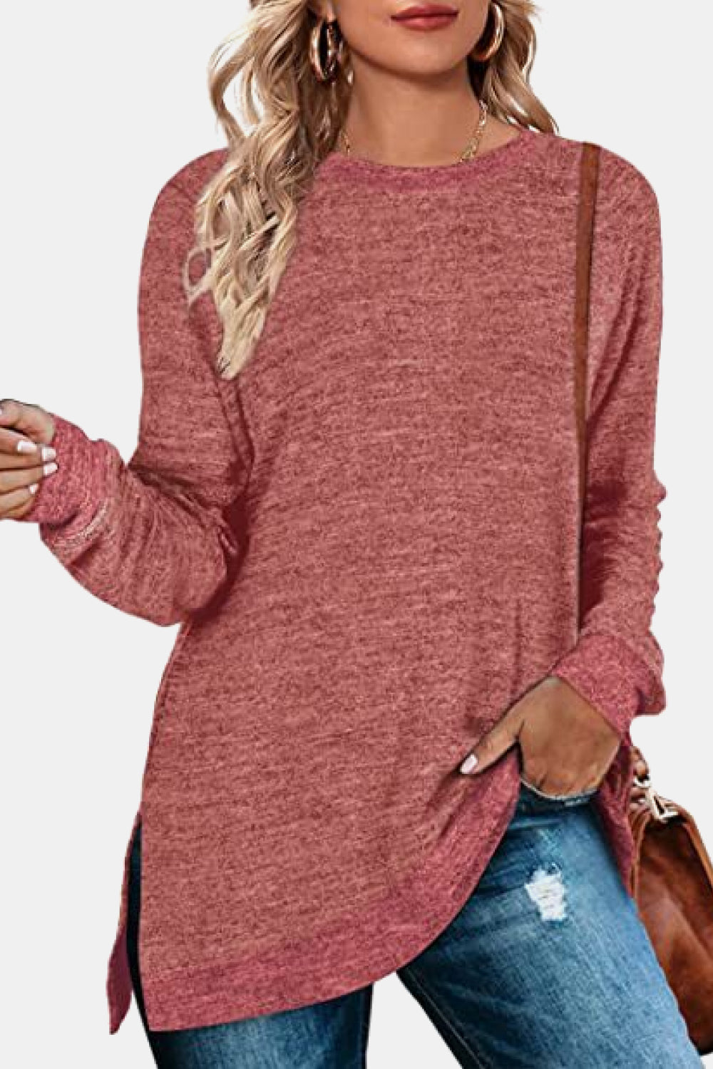 Round Neck Long Sleeve Slit T-Shirt - AllIn Computer