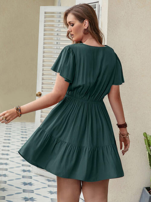 Double Take Plus Size Ruffle Hem V-Neck Short Sleeve Dress - AllIn Computer