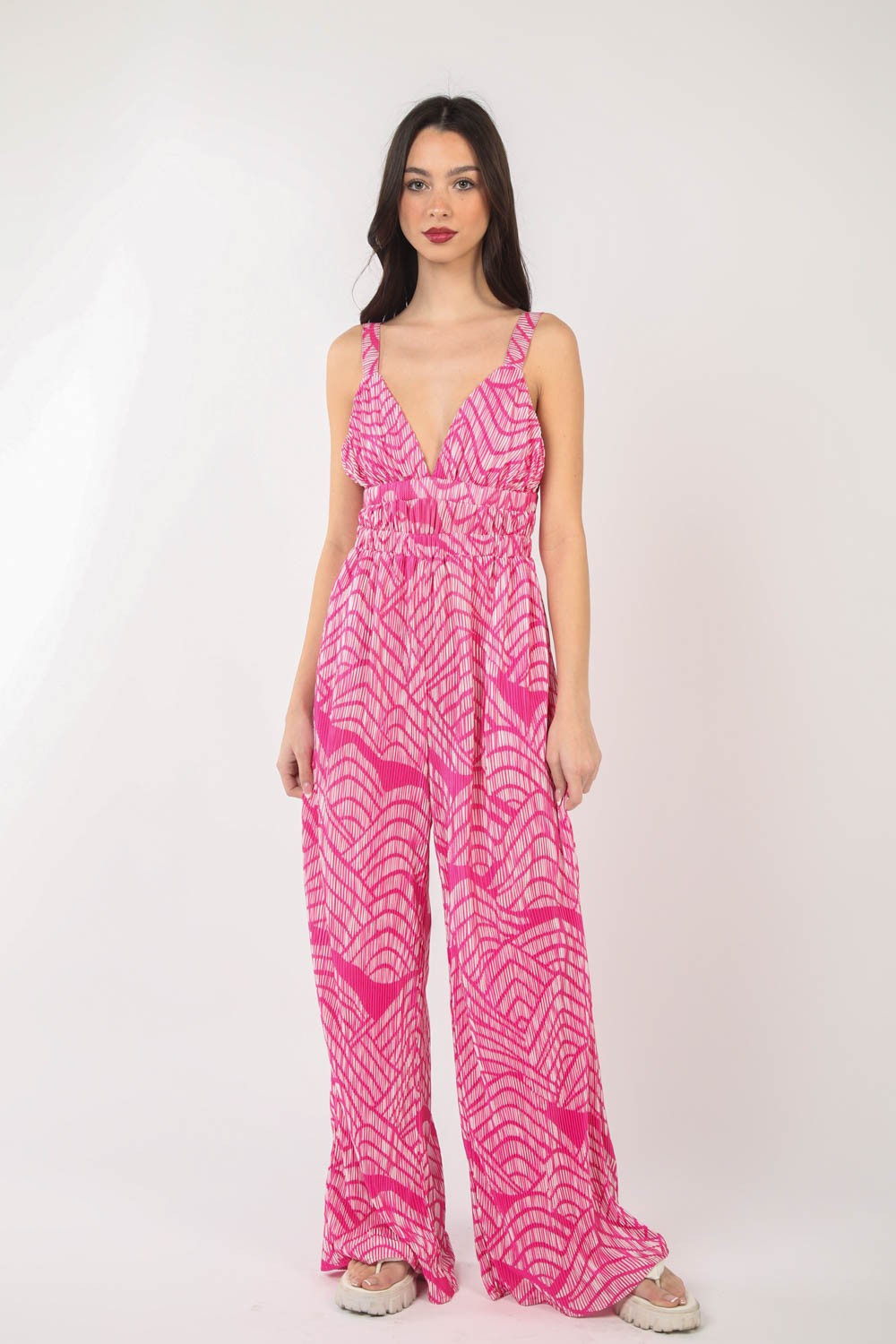 VERY J Printed Pleated Sleeveless Wide Leg Jumpsuit - AllIn Computer