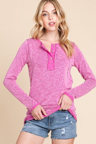 Reborn J Contrast Trim Half Button Long Sleeve T-Shirt - AllIn Computer