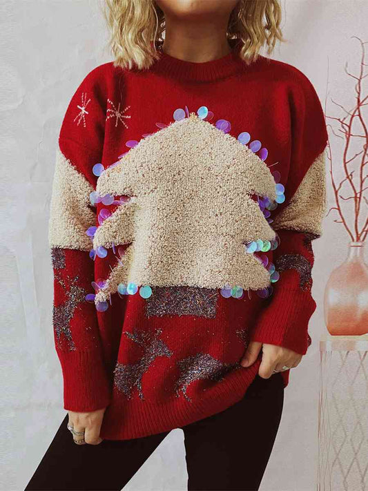 Sequin Christmas Tree & Reindeer Round Neck Sweater - AllIn Computer