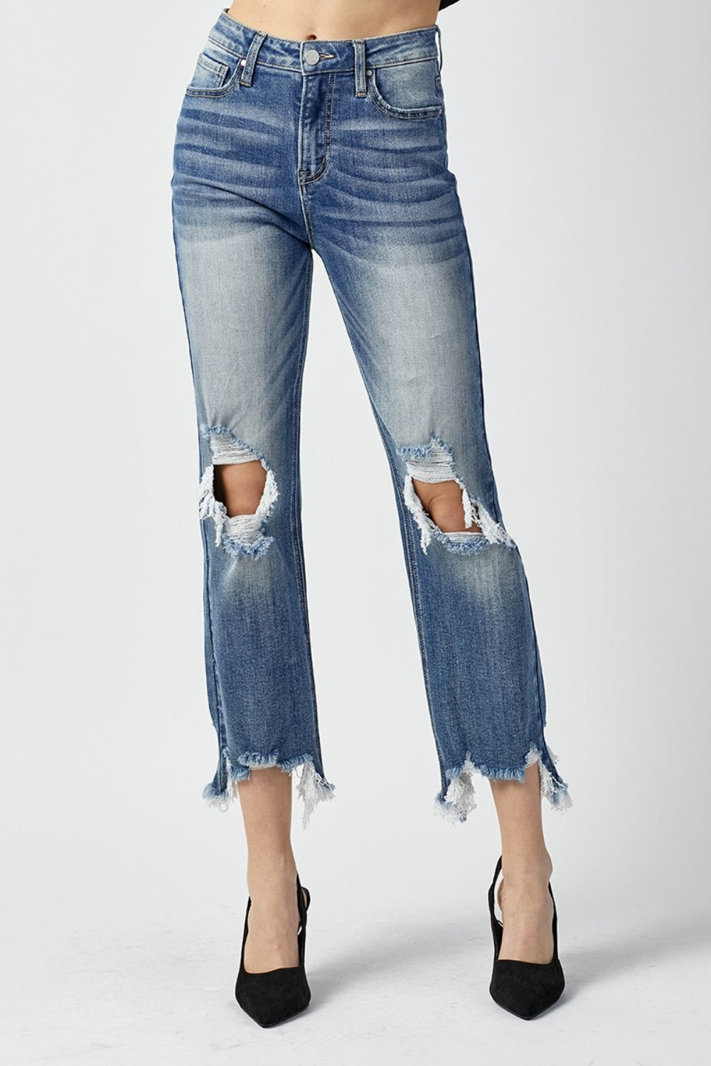 RISEN High Waist Distressed Frayed Hem Cropped Straight Jeans - AllIn Computer