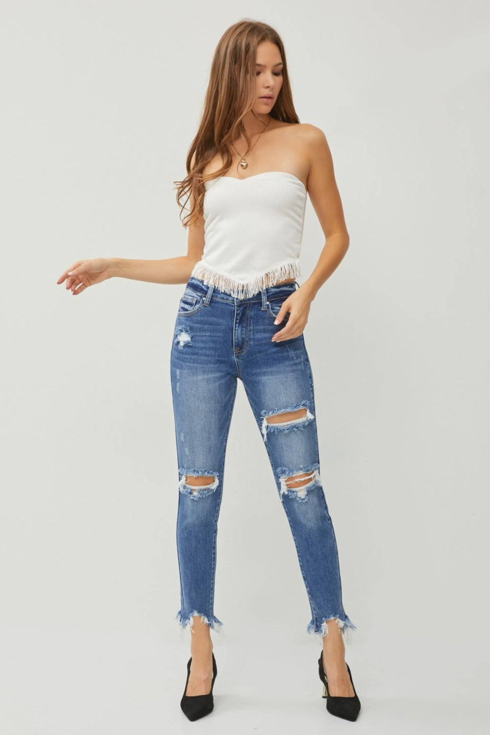 RISEN Distressed Frayed Hem Slim Jeans - AllIn Computer