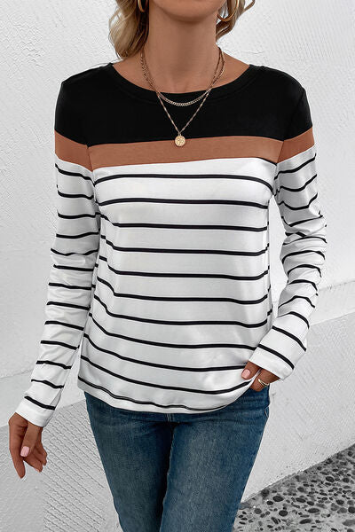 Striped Round Neck Long Sleeve T-Shirt - AllIn Computer