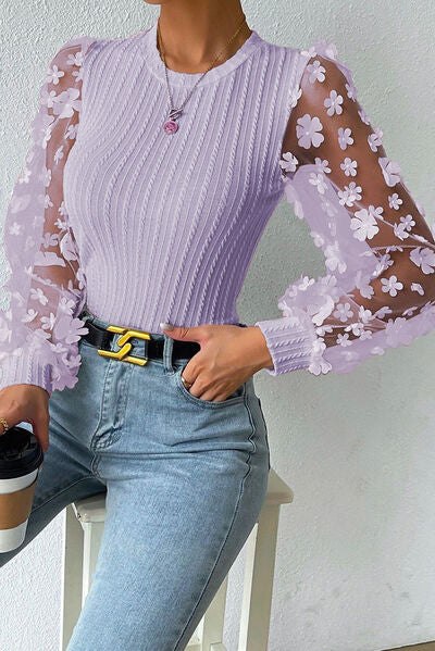 Double Take Textured Applique Long Sleeve Blouse - AllIn Computer