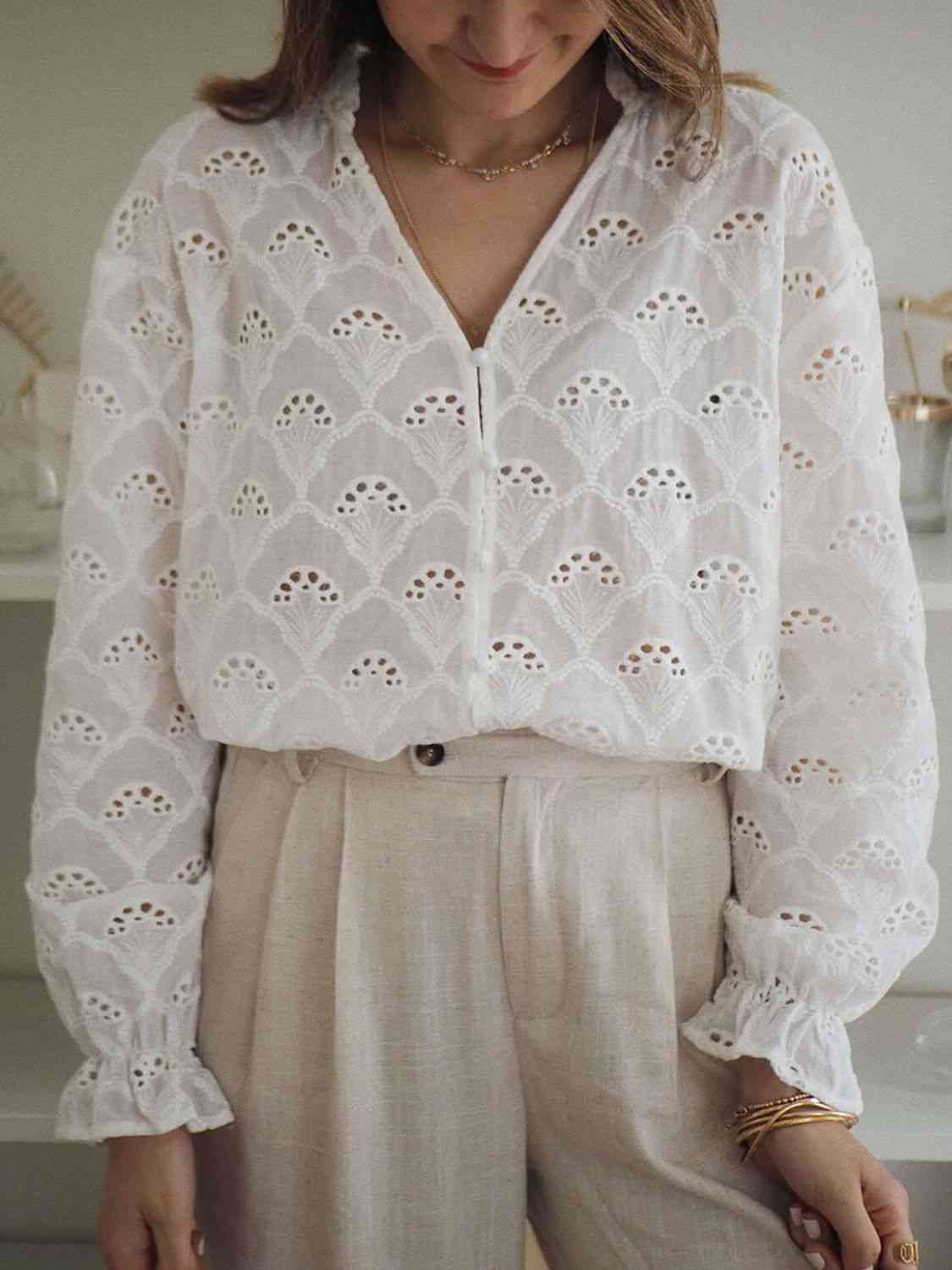 Eyelet Notched Neck Flounce Sleeve Blouse - AllIn Computer