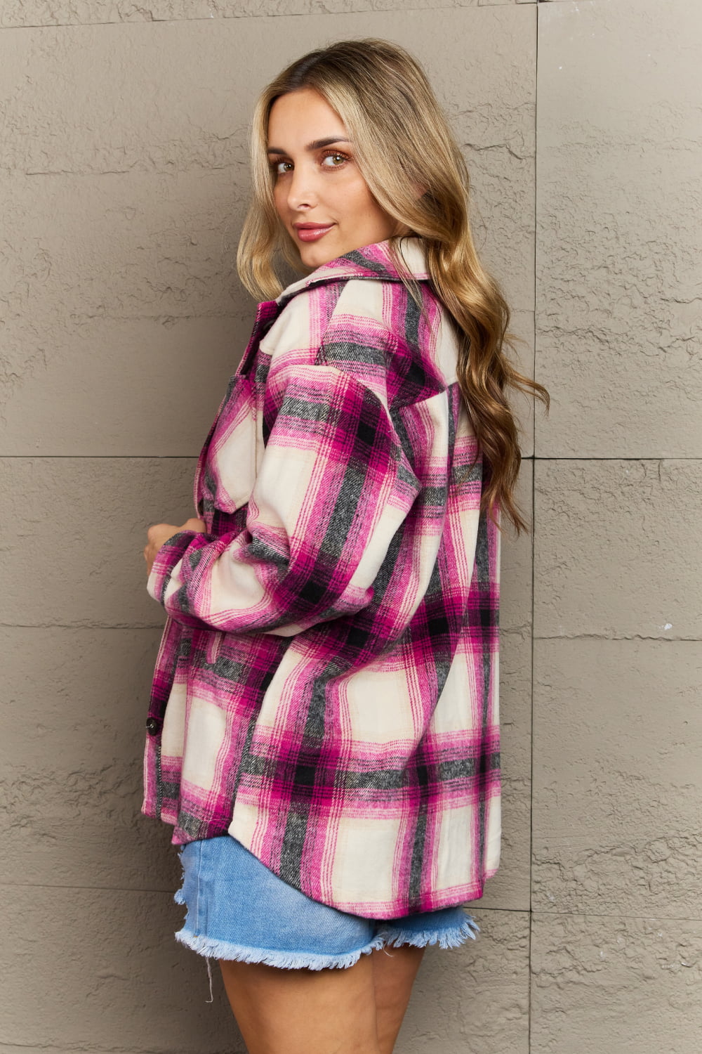 Zenana By The Fireplace Oversized Plaid Shacket in Magenta - AllIn Computer
