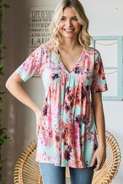 Heimish Full Size Floral V-Neck Short Sleeve Babydoll Blouse - AllIn Computer