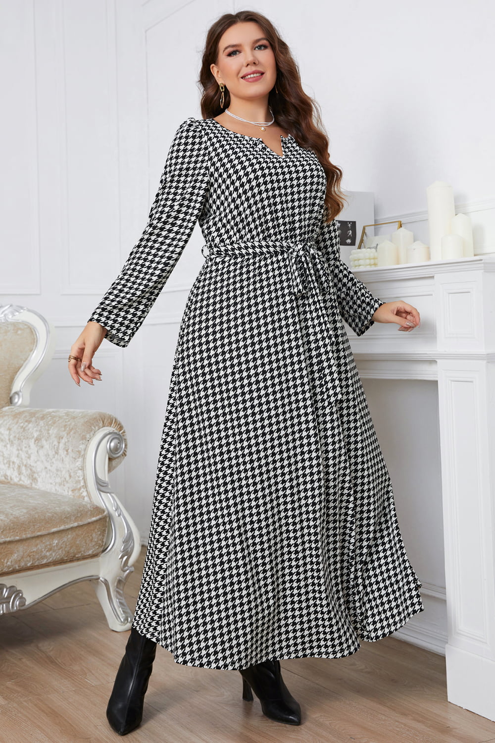 Melo Apparel Plus Size Notched Neck Houndstooth Tie Belt Maxi Dress - AllIn Computer