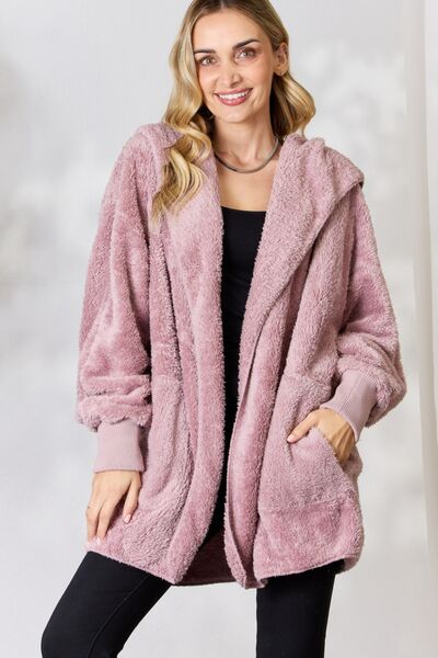 H&T Faux Fur Open Front Hooded Jacket - AllIn Computer