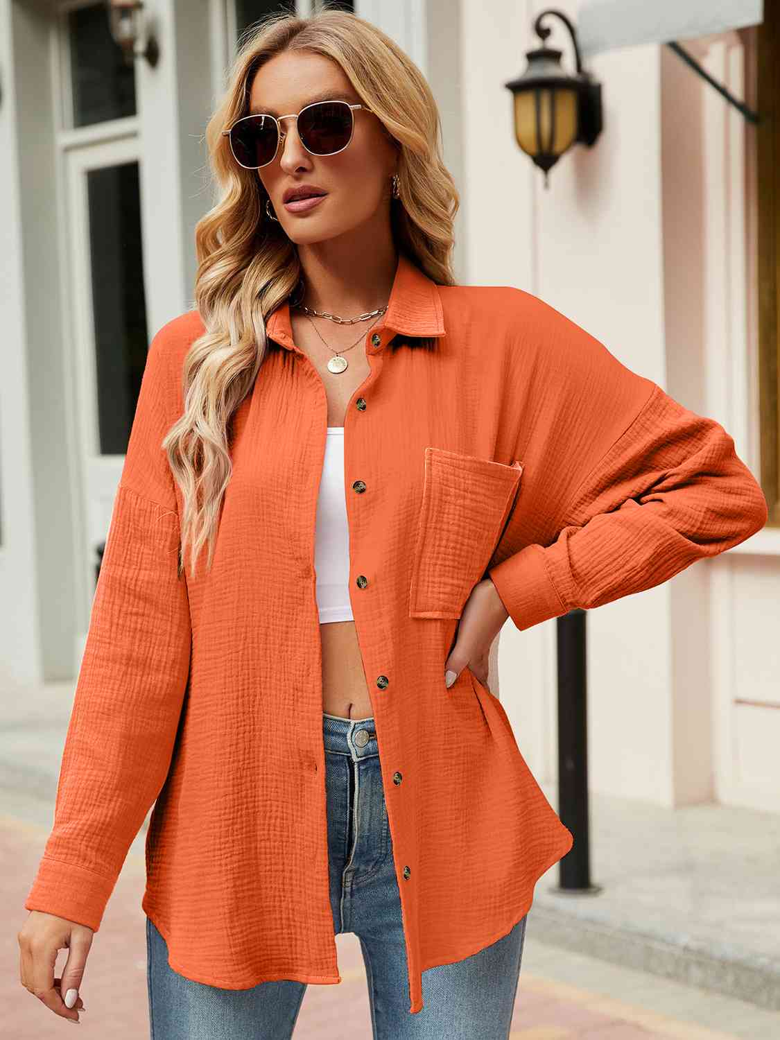 Button Up Collared Neck Drop Shoulder Shirt - AllIn Computer