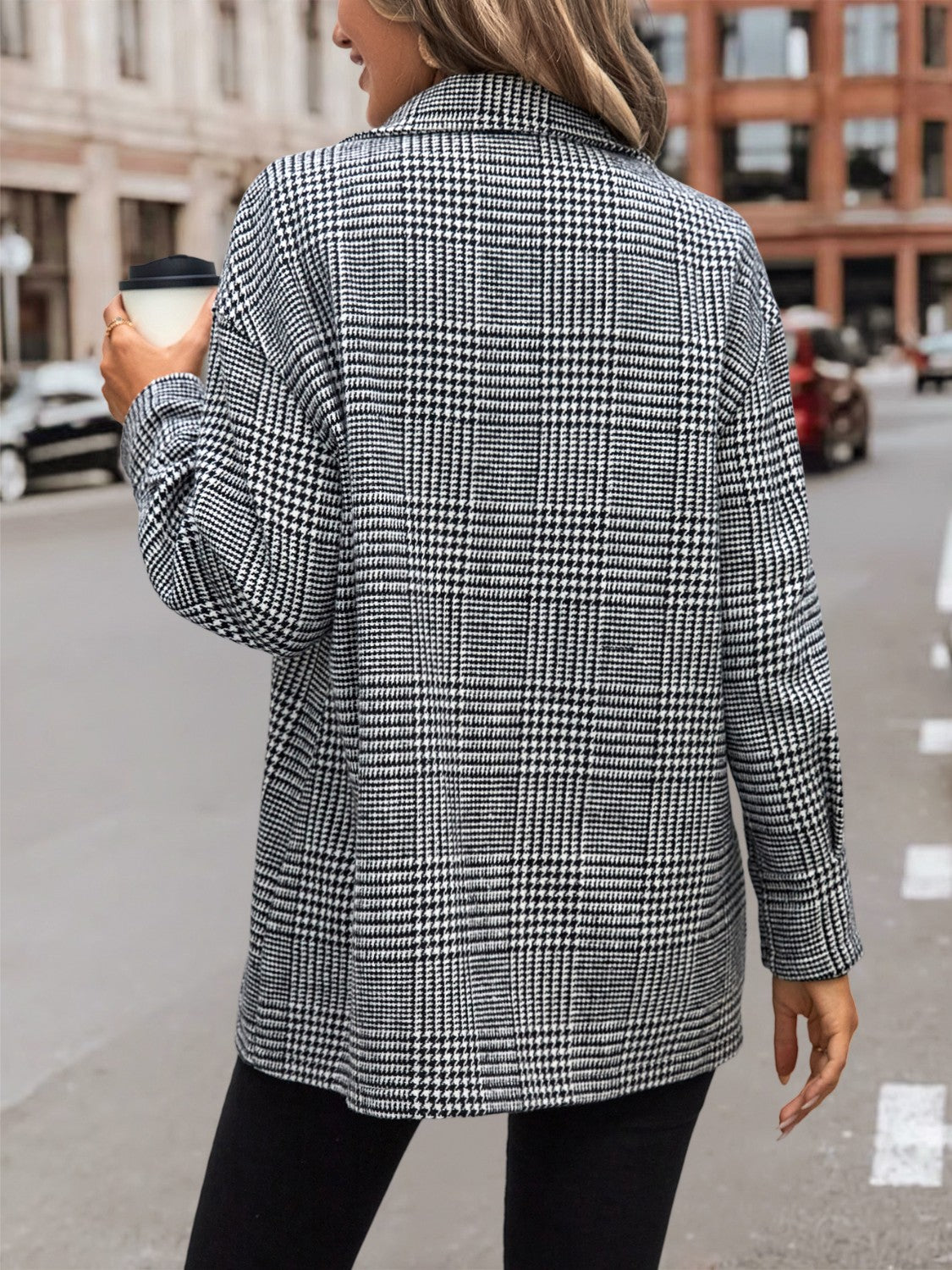 Houndstooth Drop Shoulder Collared Jacket - AllIn Computer