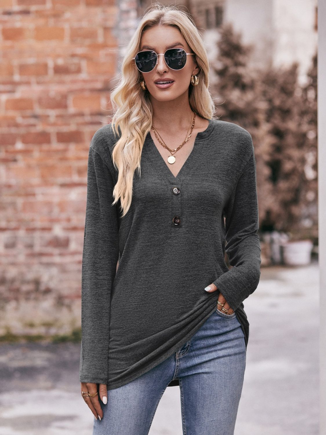 Double Take Buttoned Notched Neck Long Sleeve Top - AllIn Computer