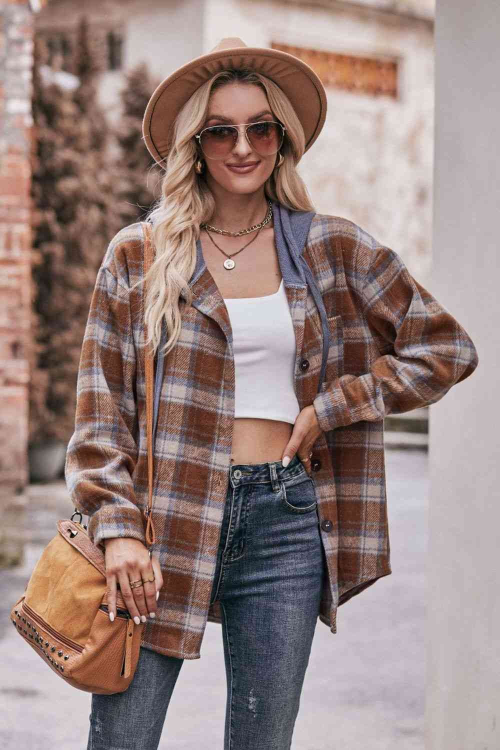 Plaid Dropped Shoulder Hooded Longline Jacket - AllIn Computer