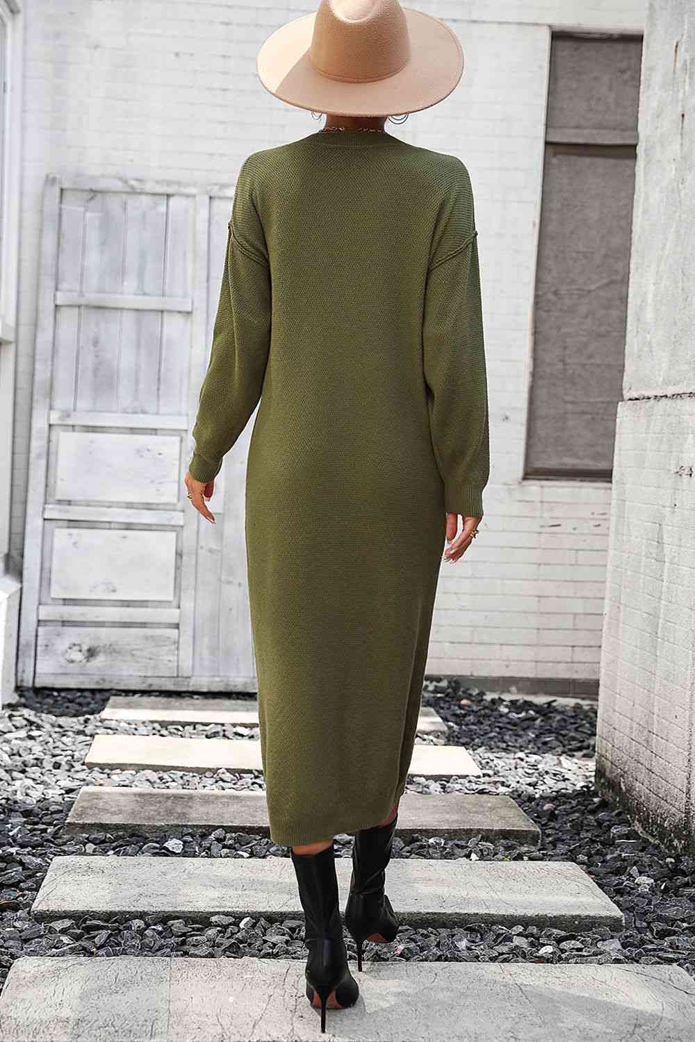 Notched Neck Dropped Shoulder Button-Down Midi Dress - AllIn Computer