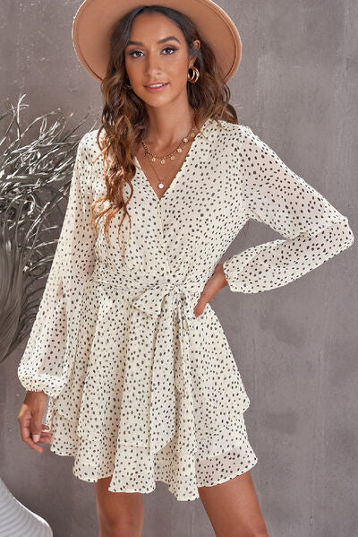 Tied Polka Dot Balloon Sleeve Layered Dress - AllIn Computer
