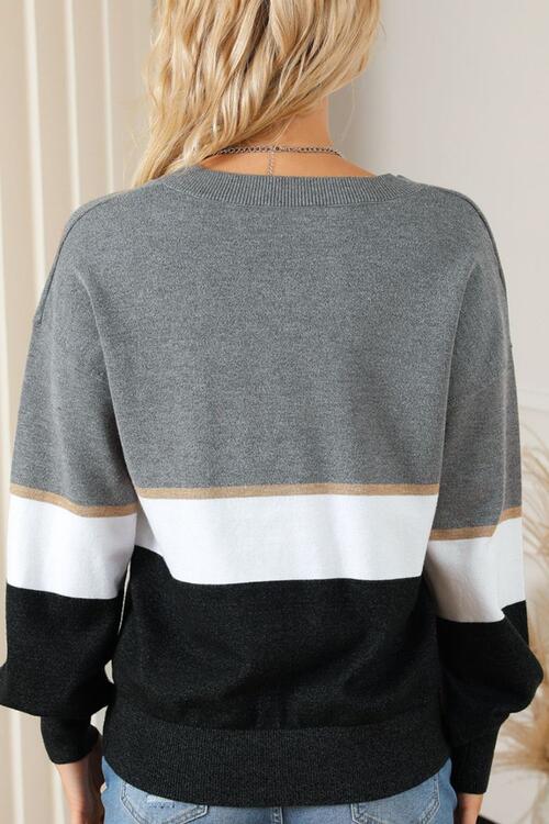 Striped V-Neck Long Sleeve Sweater - AllIn Computer