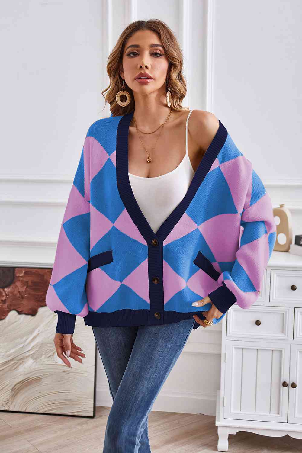 Geometric Lantern Sleeve Cardigan with Pockets - AllIn Computer