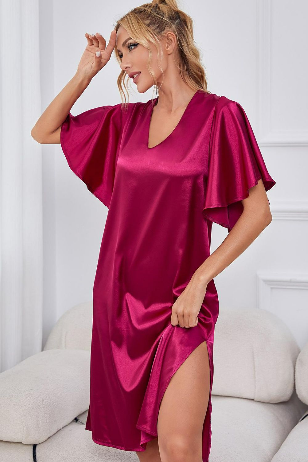Satin Flutter Sleeve Side Slit V-Neck Night Dress - AllIn Computer