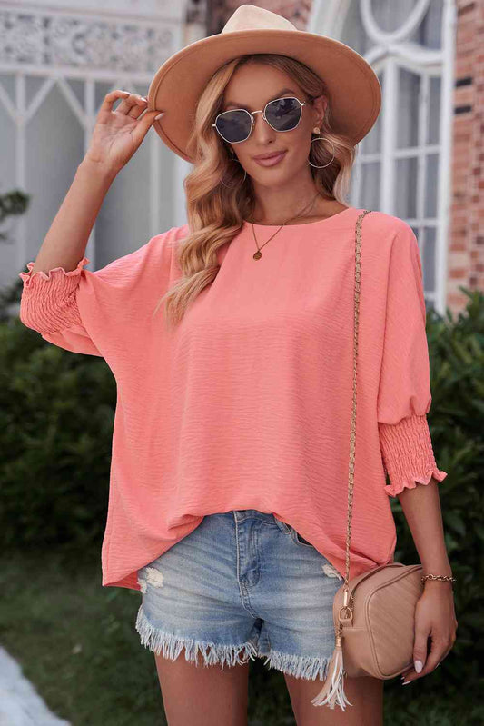 Round Neck Dolman Sleeve Textured Blouse - AllIn Computer