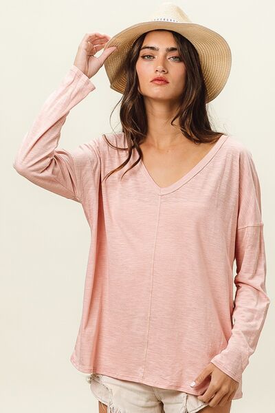 BiBi Exposed Seam V-Neck Long Sleeve T-Shirt - AllIn Computer