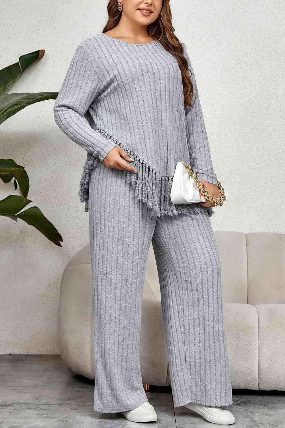 Plus Size Tassel Hem Top and Pants Set - AllIn Computer