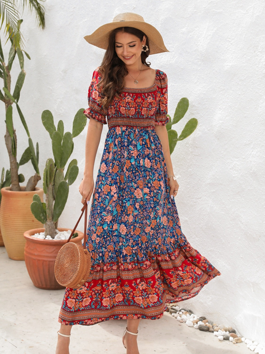 Floral Flounce Sleeve Midi Dress - AllIn Computer