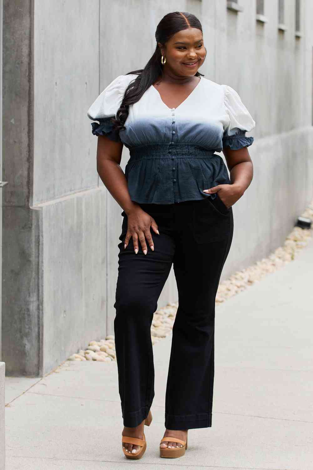 White Birch Full Size Smocked Waist Ombre Woven Top - AllIn Computer
