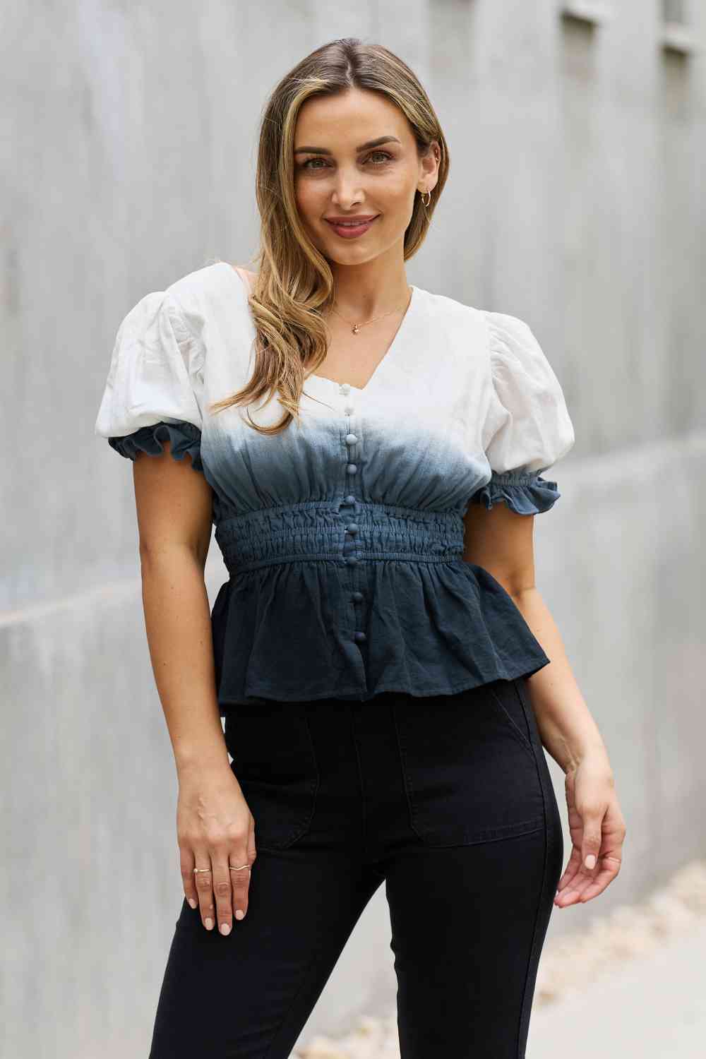 White Birch Full Size Smocked Waist Ombre Woven Top - AllIn Computer