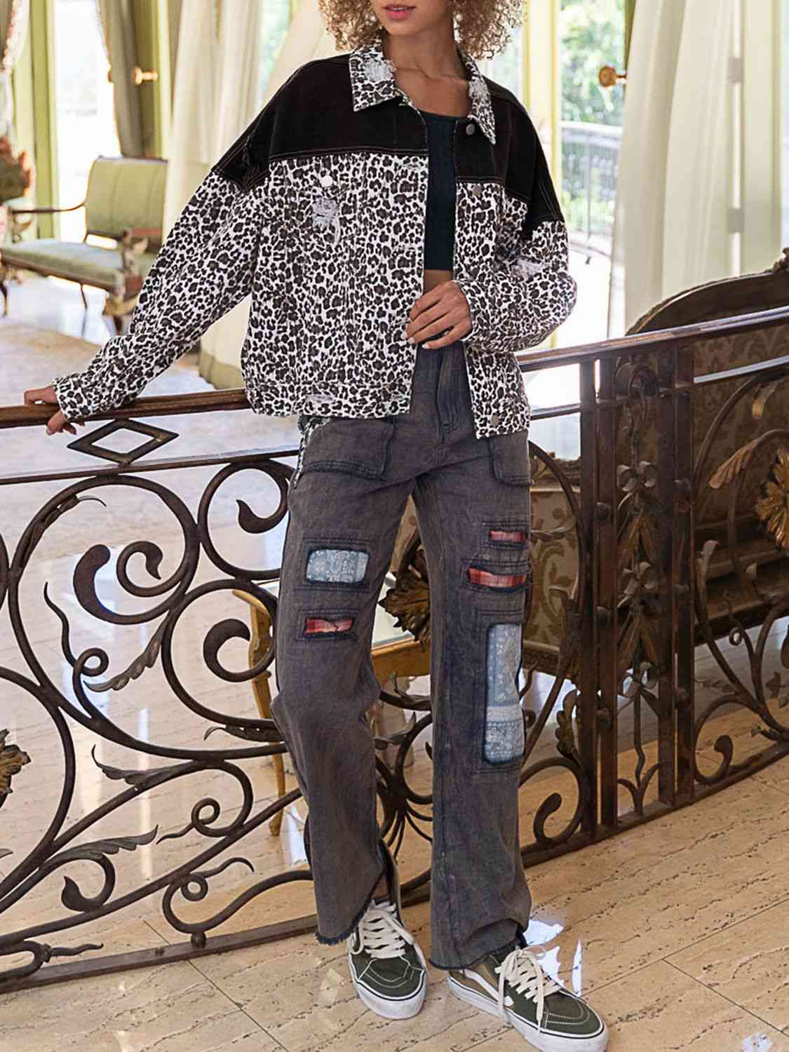 Leopard Print Dropped Shoulder Long Sleeve Denim Jacket - AllIn Computer