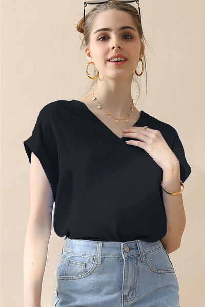 Ninexis V-Neck Trim Rolled Short Sleeve Shirt - AllIn Computer