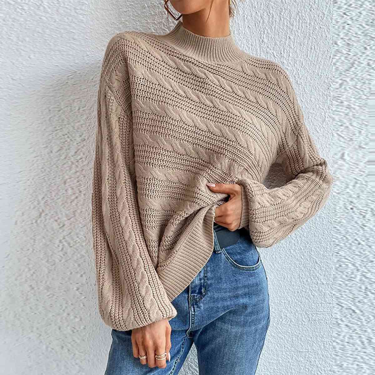 Cable-Knit Mock Neck  Long Sleeve Sweater - AllIn Computer