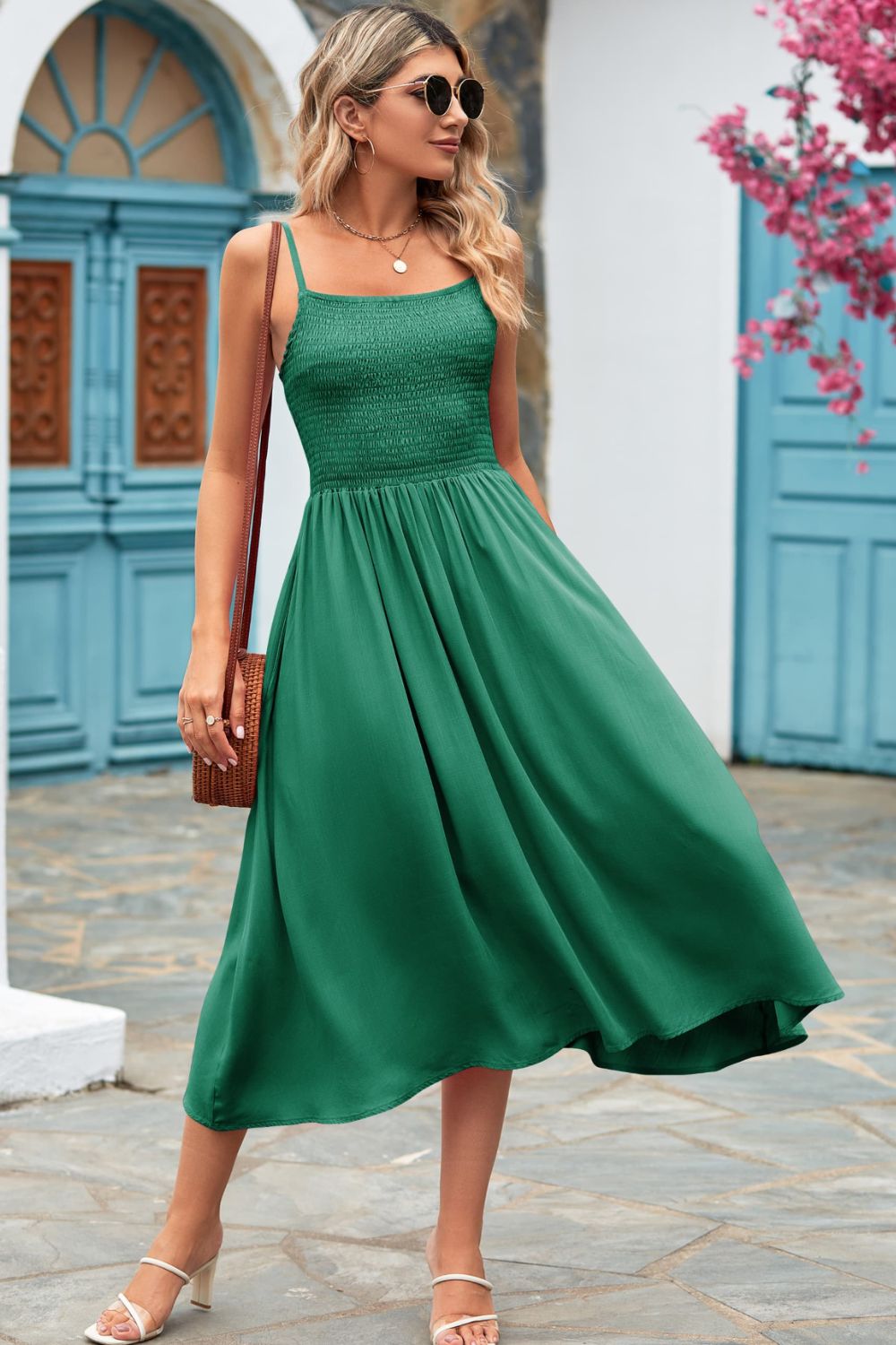 Smocked Spaghetti Strap Midi Dress - AllIn Computer