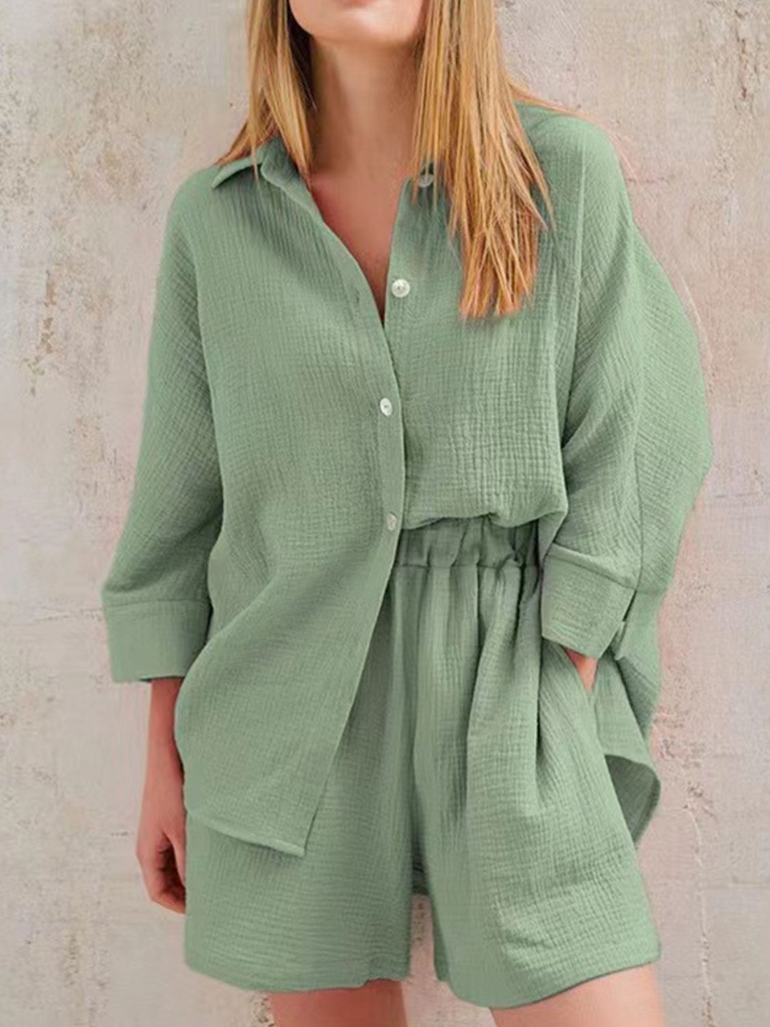 Texture Button Up Shirt and Shorts Set - AllIn Computer