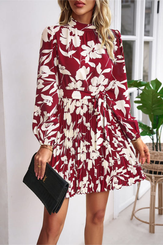 Floral Mock Neck Tie Waist Pleated Dress - AllIn Computer