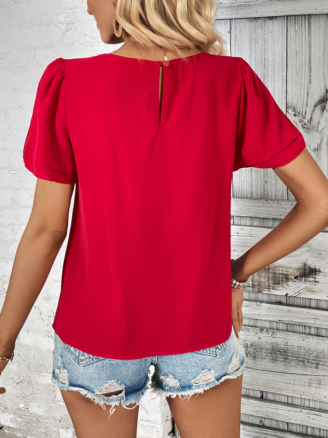 Round Neck Slit Short Sleeve Top - AllIn Computer