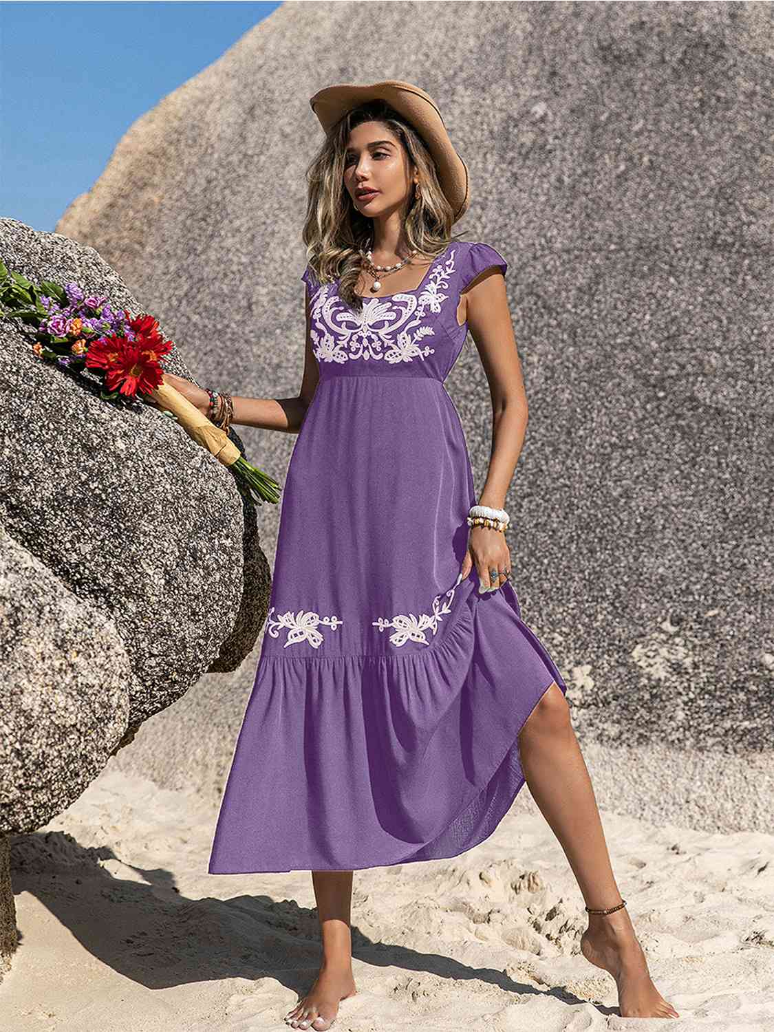 Embroidered Square Neck Ruffle Hem Dress - AllIn Computer