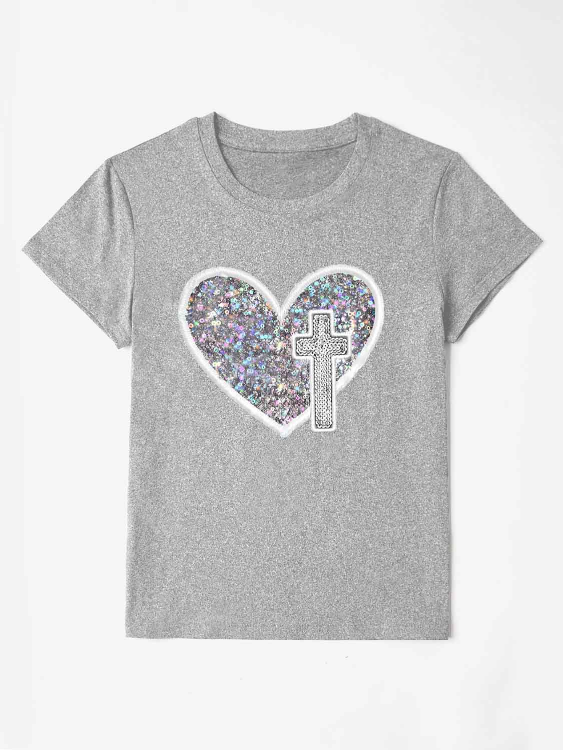 Sequin Heart Round Neck Short Sleeve T-Shirt - AllIn Computer