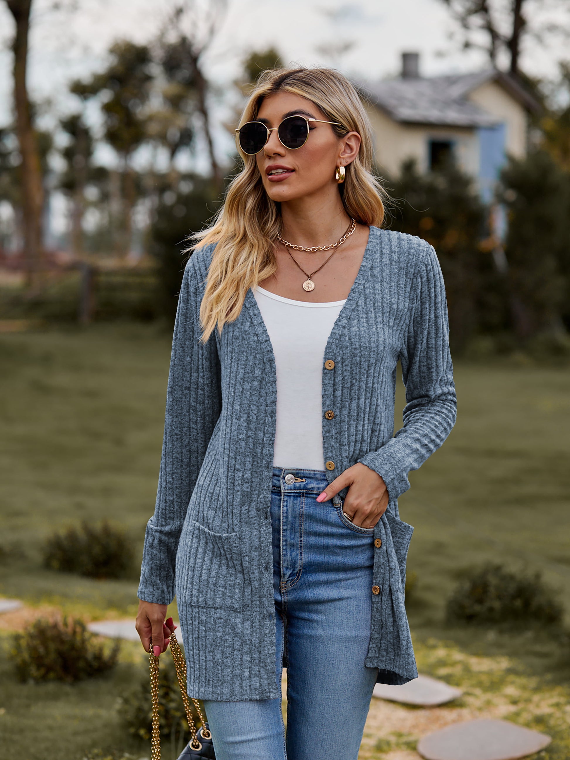 Ribbed Button-UP Cardigan with Pockets - AllIn Computer