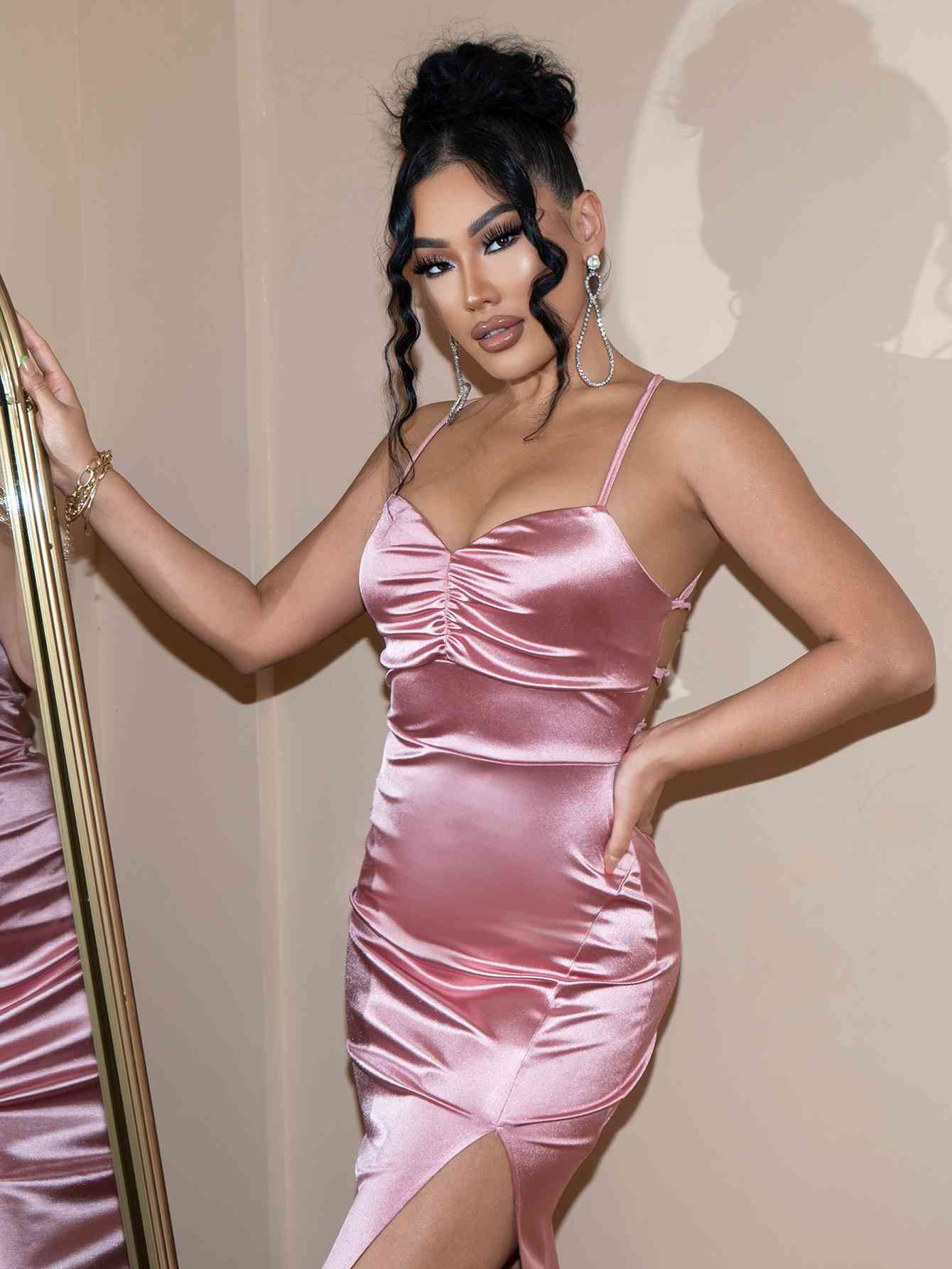 Backless Crisscross Ruched Split Satin Dress - AllIn Computer