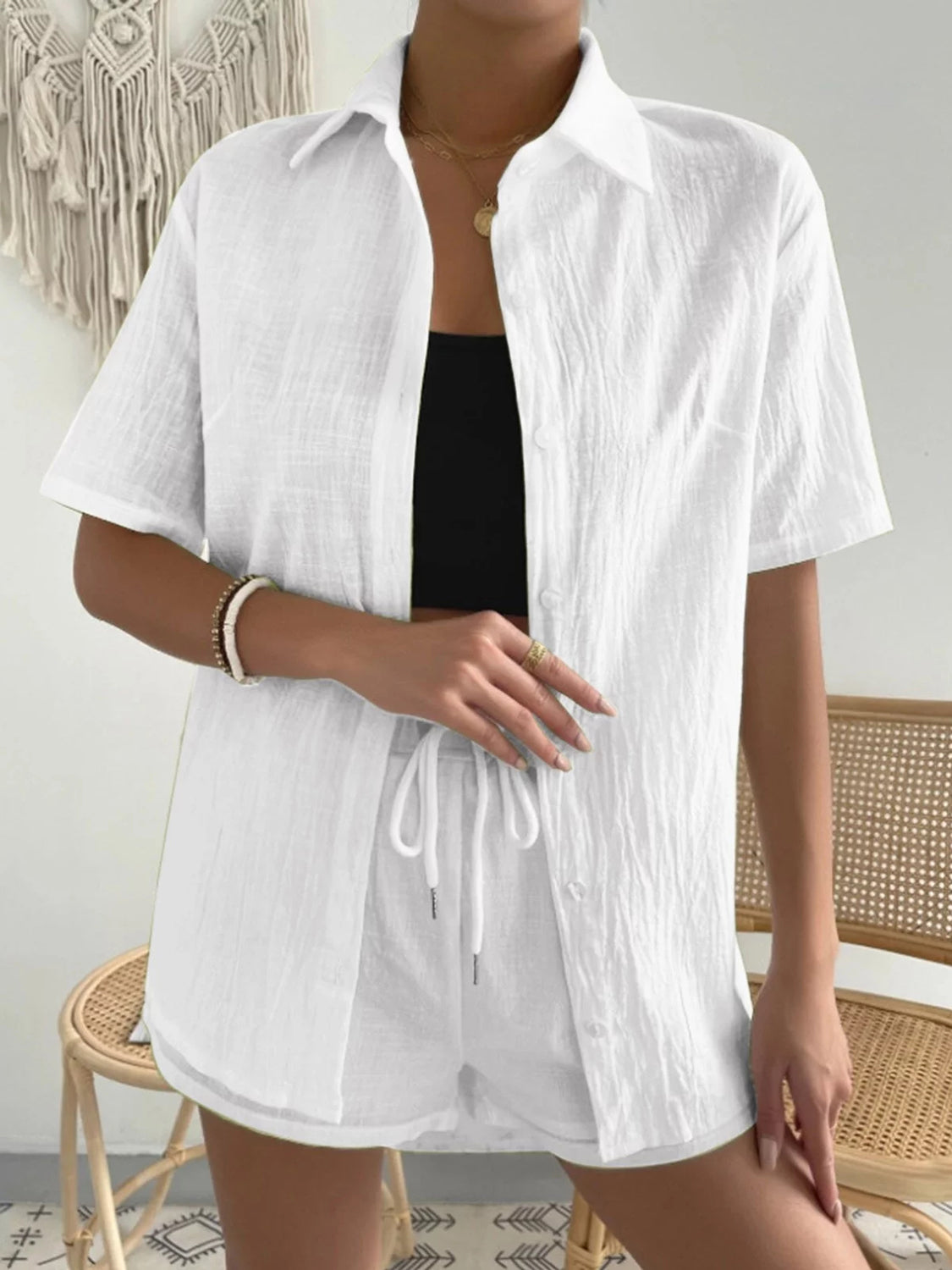 Button Up Short Sleeve Shirt and Drawstring Shorts Set - AllIn Computer