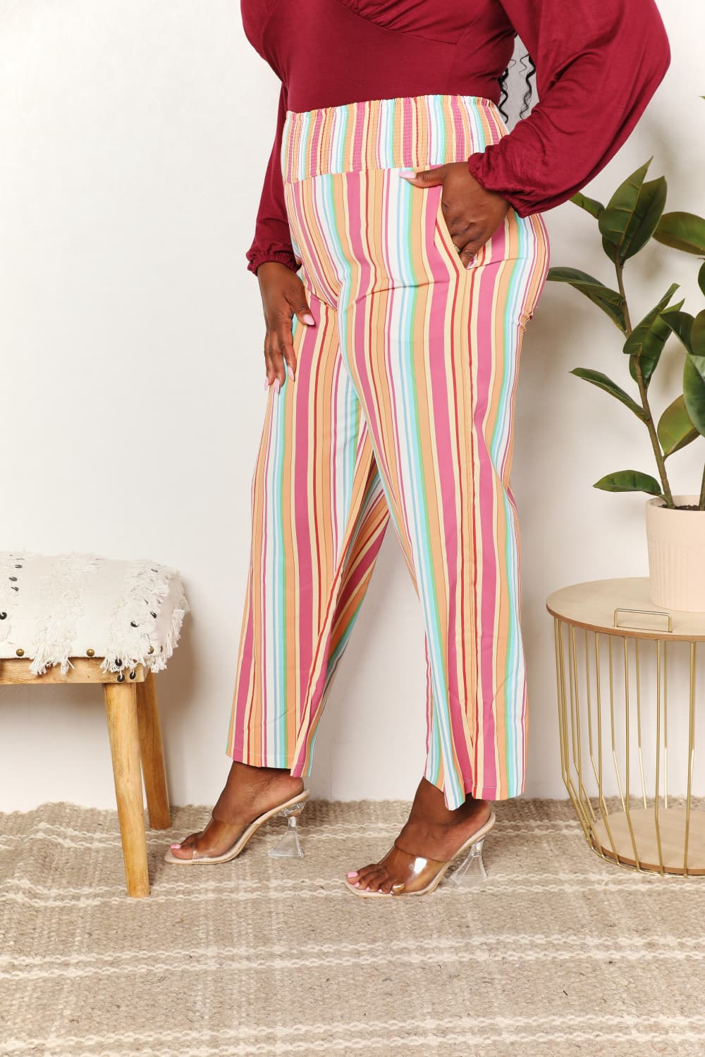 Double Take Striped Smocked Waist Pants with Pockets - AllIn Computer