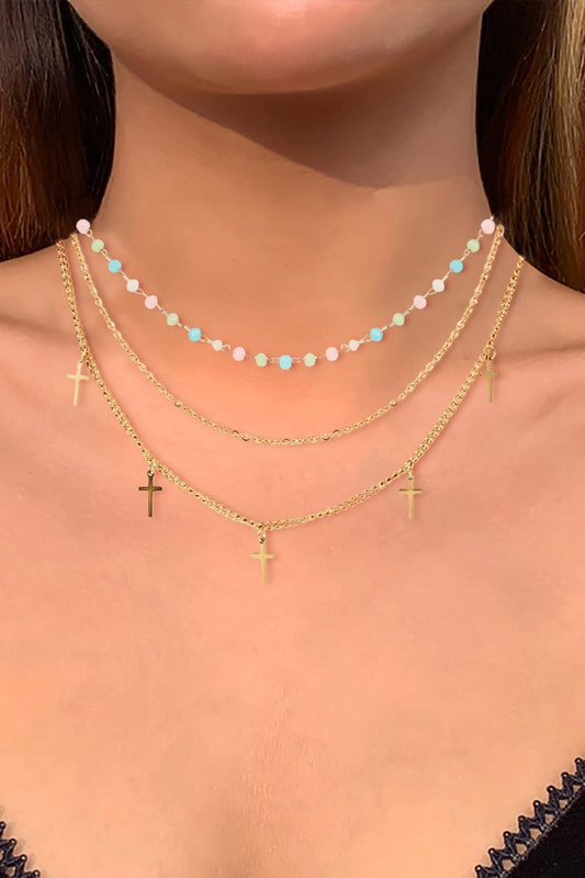18K Gold Plated Cross Pendant Triple-Layered Necklace - AllIn Computer