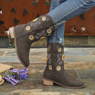 Sunflower Embroidered Block Heel Boots - AllIn Computer