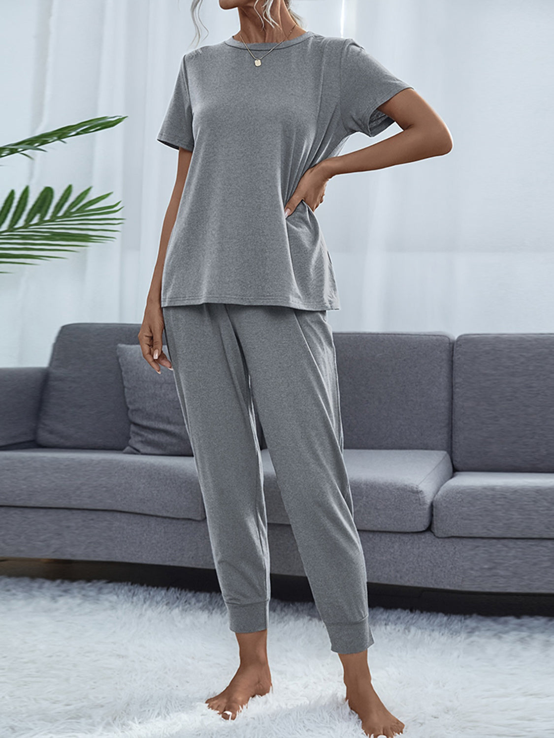 Round Neck Short Sleeve Top and Pants Set - AllIn Computer