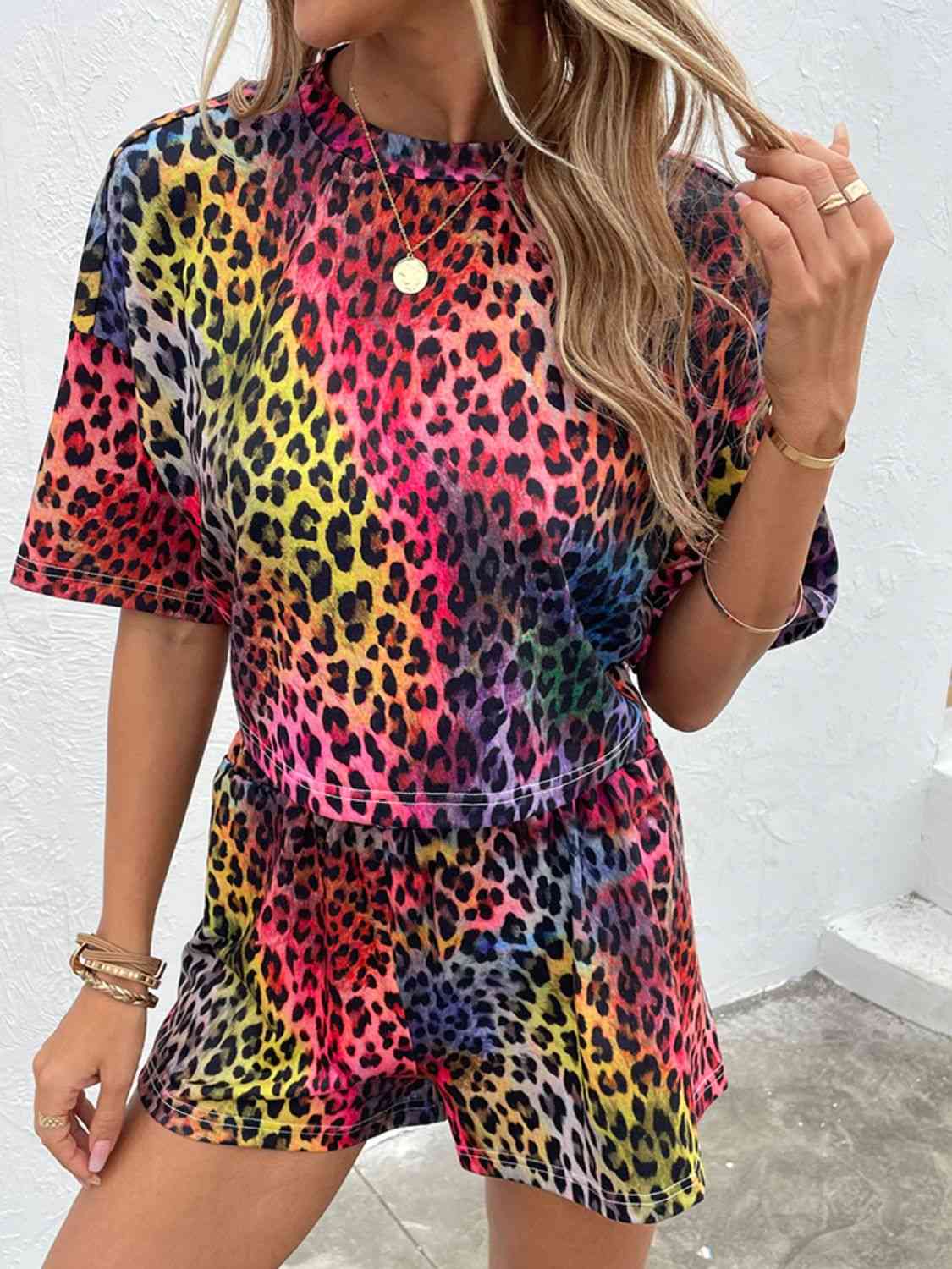 Leopard Round Neck Dropped Shoulder Half Sleeve Top and Shorts Set - AllIn Computer