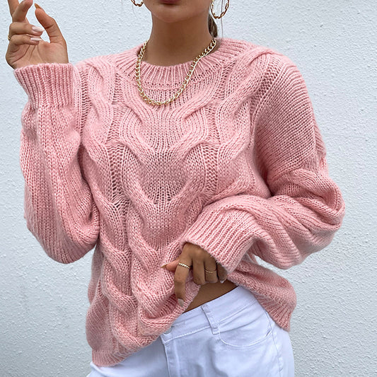 Cable-Knit Round Neck Long Sleeve Sweater - AllIn Computer
