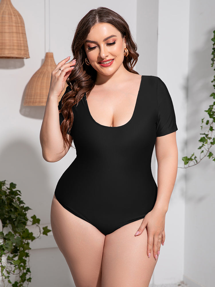 Plus Size Scoop Neck Short Sleeve One-Piece Swimsuit - AllIn Computer