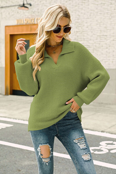 Ribbed Johnny Collar Pullover Sweater - AllIn Computer