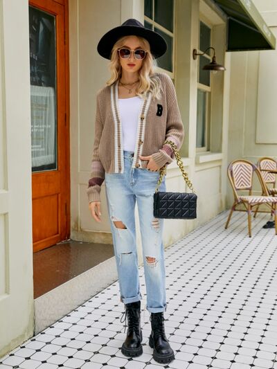 Contrast Button Up Dropped Shoulder Cardigan - AllIn Computer